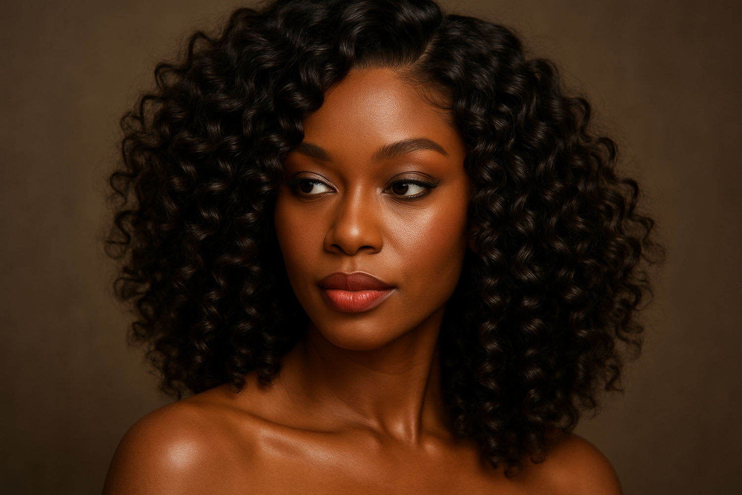 create a picture of beautiful elegant brown skin african woman wearing a luxurious curly human hair wig looking with side eyes