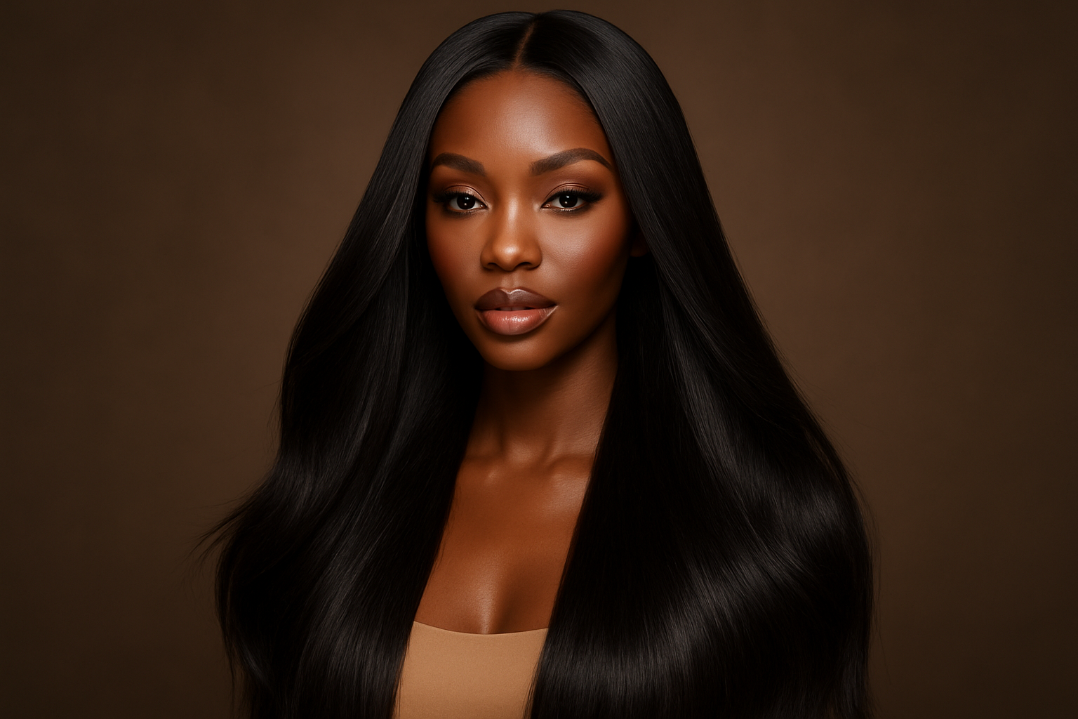 Create a picture of brown skin African with a luxurious human a wig